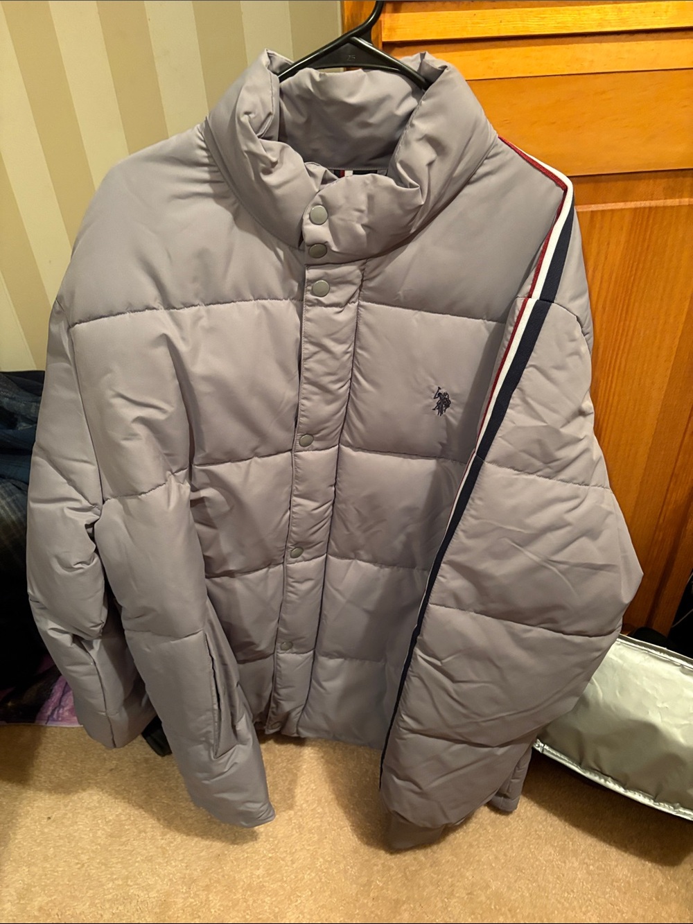 U.S. Polo Assn. Light Gray Quilted Puffer with Navy & Red Stripe
